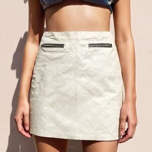 Cream Quilted Leather Mini Skirt with Zip Pockets Size 36